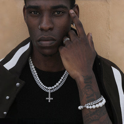 Pearl Cuban Link Cross Layered Pendant – Silver Finish