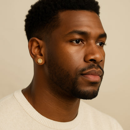 Double Halo Iced Round Stud Earrings – 14K Gold Finish