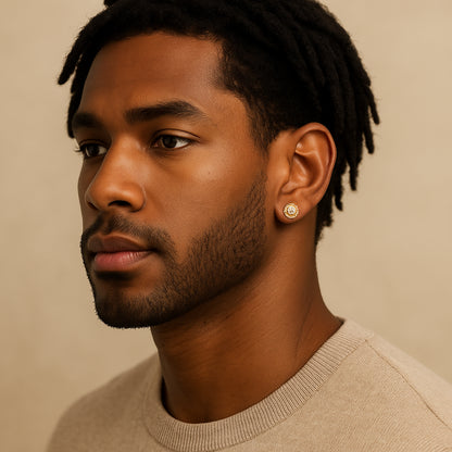 Double Halo Iced Round Stud Earrings – 14K Gold Finish