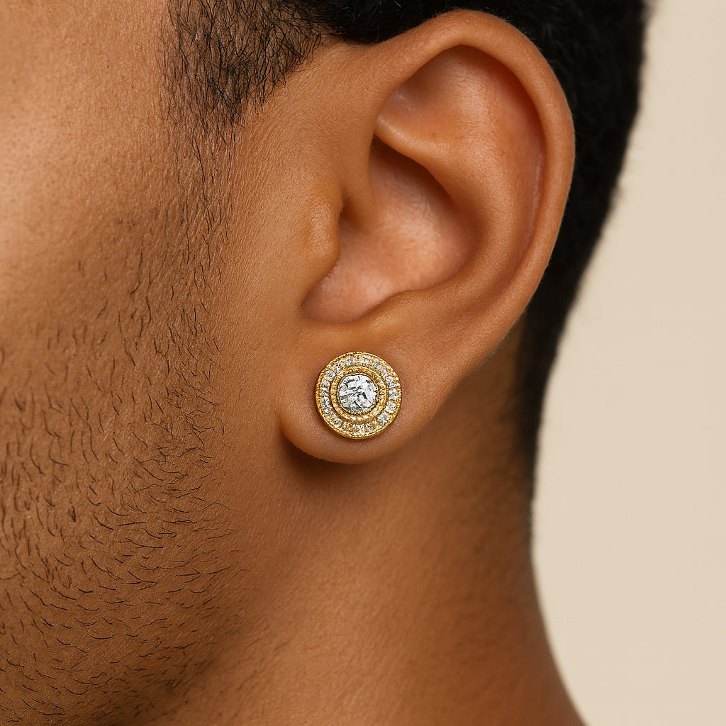 Double Halo Iced Round Stud Earrings – 14K Gold Finish