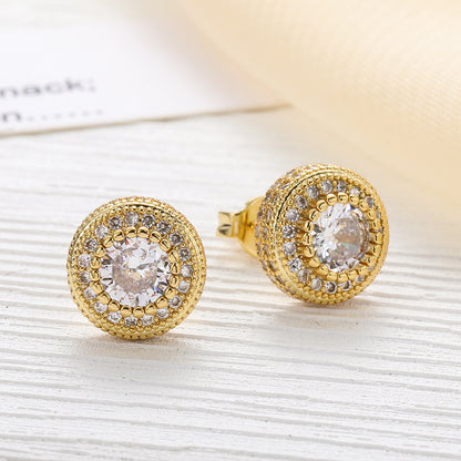 Double Halo Iced Round Stud Earrings – 14K Gold Finish