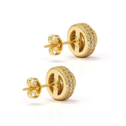 Double Halo Iced Round Stud Earrings – 14K Gold Finish