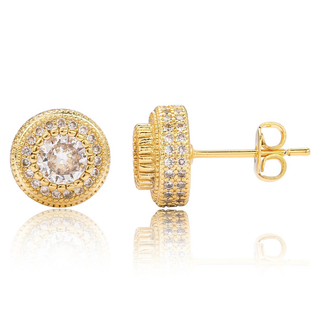 Double Halo Iced Round Stud Earrings – 14K Gold Finish
