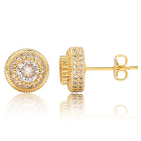 Double Halo Iced Round Stud Earrings – 14K Gold Finish