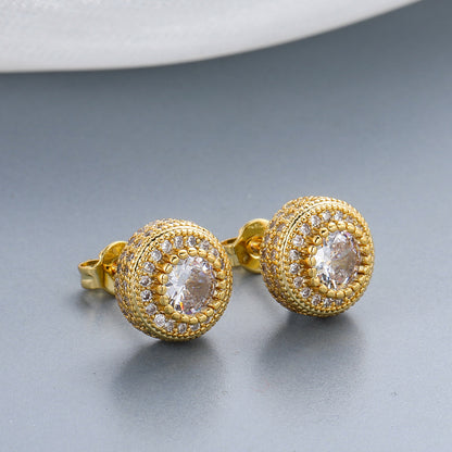 Double Halo Iced Round Stud Earrings – 14K Gold Finish