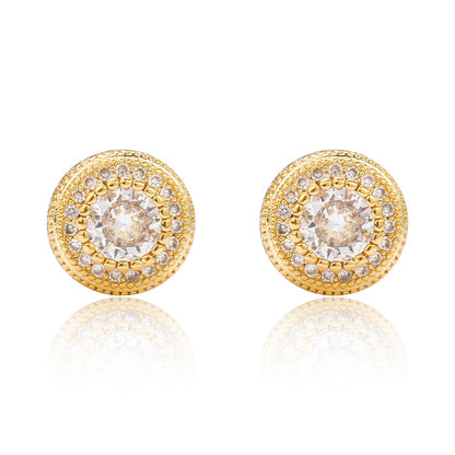 Double Halo Iced Round Stud Earrings – 14K Gold Finish