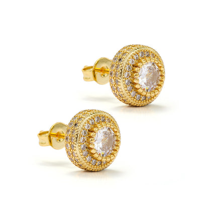 Double Halo Iced Round Stud Earrings – 14K Gold Finish