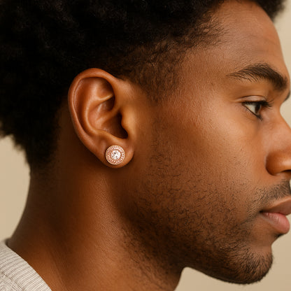 Double Halo Iced Round Stud Earrings – Rose Gold Finish