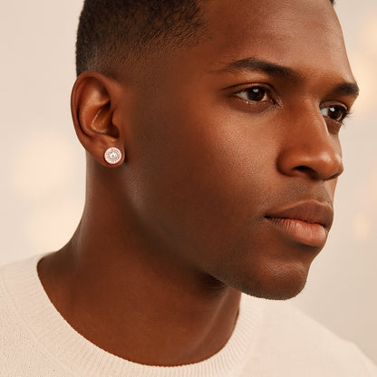 Double Halo Iced Round Stud Earrings – Rose Gold Finish