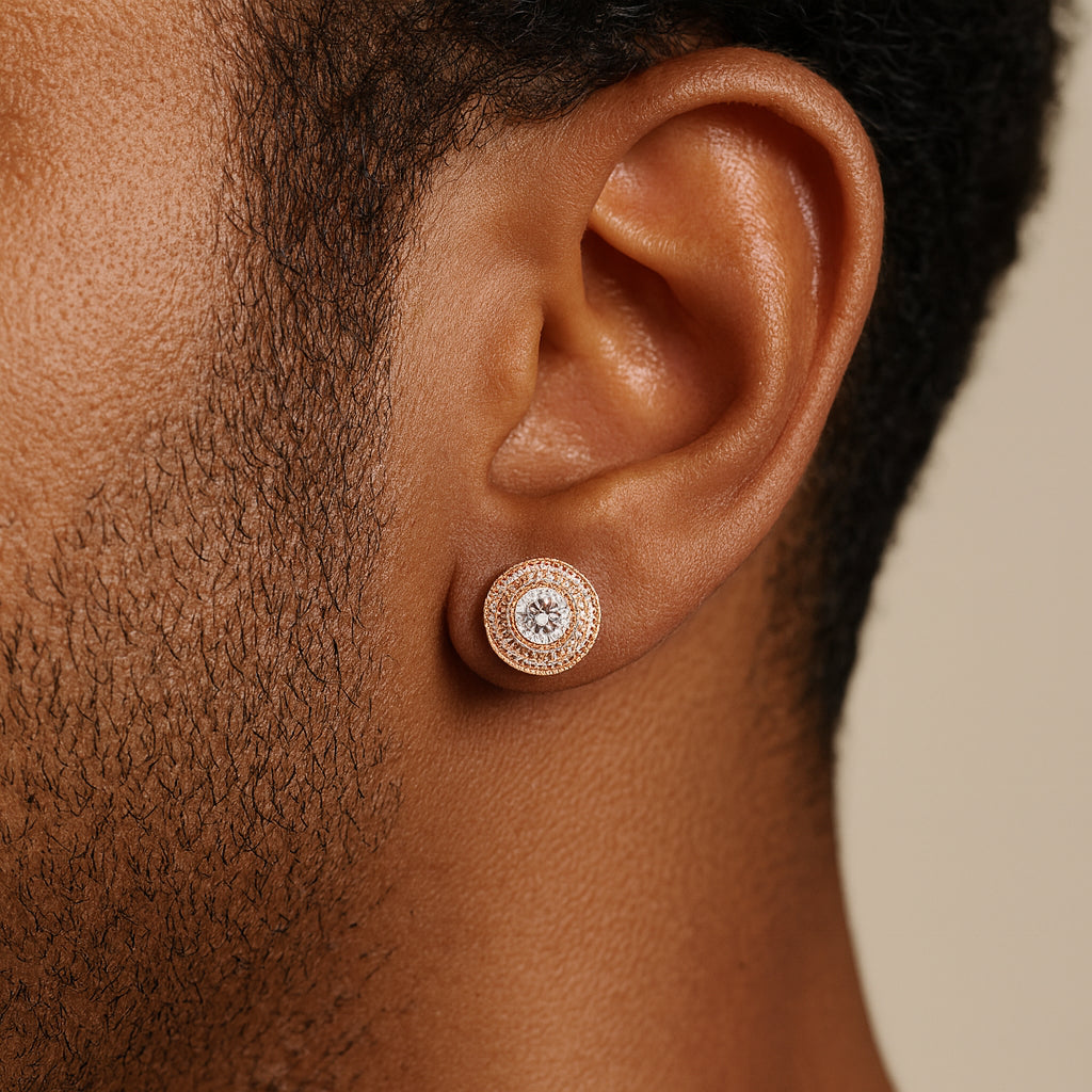 Double Halo Iced Round Stud Earrings – Rose Gold Finish