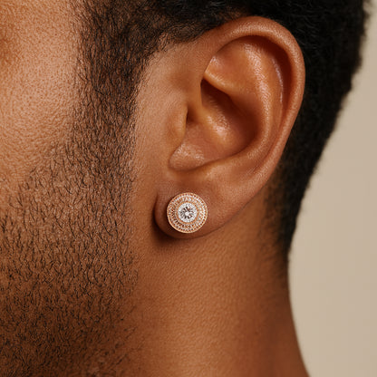 Double Halo Iced Round Stud Earrings – Rose Gold Finish