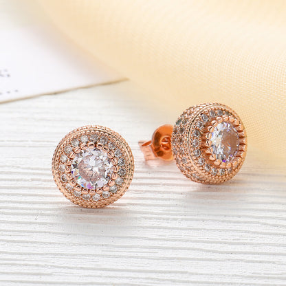 Double Halo Iced Round Stud Earrings – Rose Gold Finish