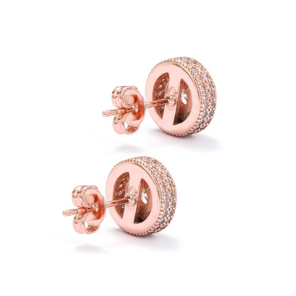 Double Halo Iced Round Stud Earrings – Rose Gold Finish