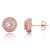 Double Halo Iced Round Stud Earrings – Rose Gold Finish