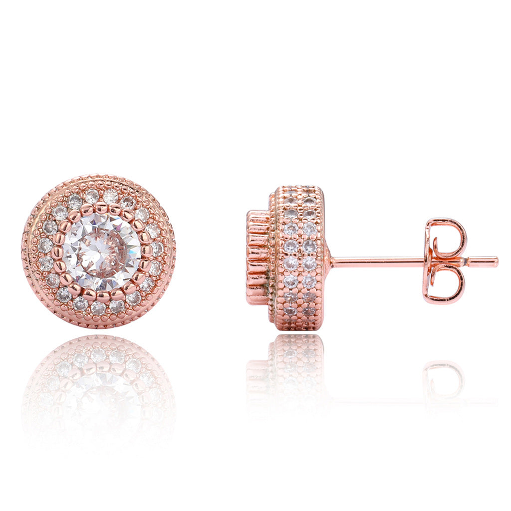 Double Halo Iced Round Stud Earrings – Rose Gold Finish