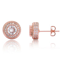 Double Halo Iced Round Stud Earrings – Rose Gold Finish