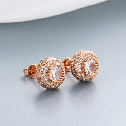 Double Halo Iced Round Stud Earrings – Rose Gold Finish