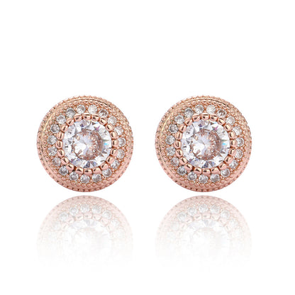 Double Halo Iced Round Stud Earrings – Rose Gold Finish