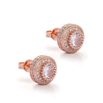 Double Halo Iced Round Stud Earrings – Rose Gold Finish