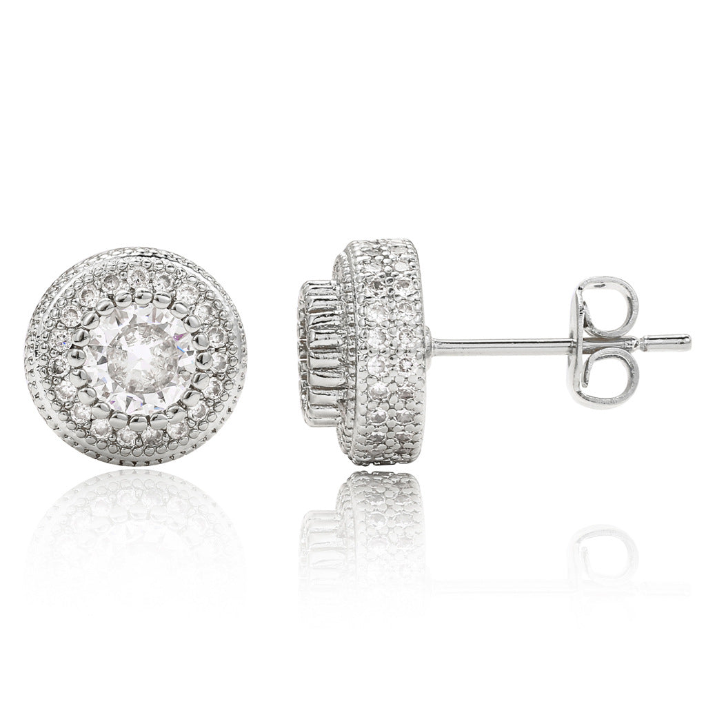 Double Halo Iced Round Stud Earrings – Sterling Finish