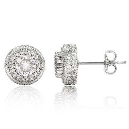 Double Halo Iced Round Stud Earrings – Sterling Finish