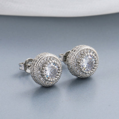 Double Halo Iced Round Stud Earrings – Sterling Finish