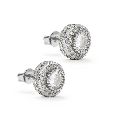 Double Halo Iced Round Stud Earrings – Sterling Finish
