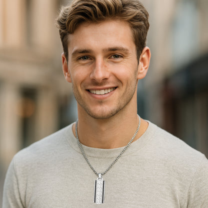 Sterling Silver Iced Bar Pendant – White Gold Finish