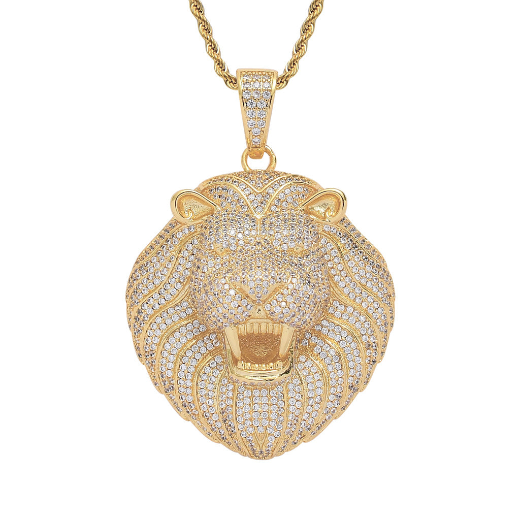 Iced Out Lion Head Pendant – 14K Gold Finish