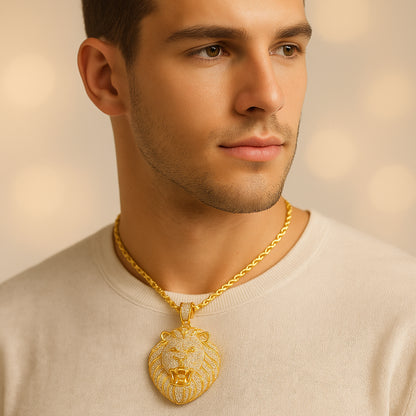 Iced Out Lion Head Pendant – 14K Gold Finish