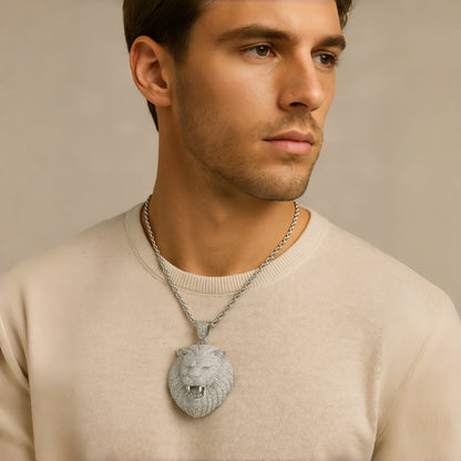 Iced Out Lion Head Pendant – Silver Finish