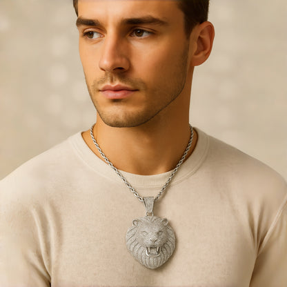 Iced Out Lion Head Pendant – Silver Finish