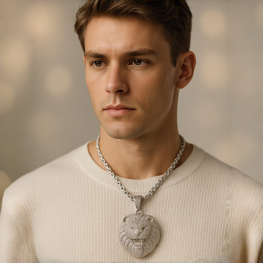 Iced Out Lion Head Pendant – Silver Finish