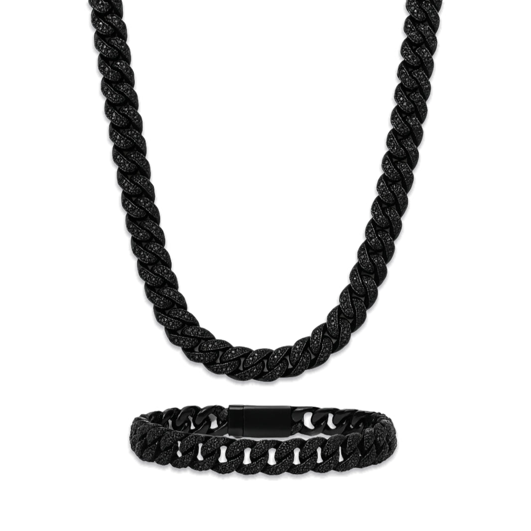 10mm Iced Out Diamond-Cut Cuban Link Chain Set – Black Gold Finish