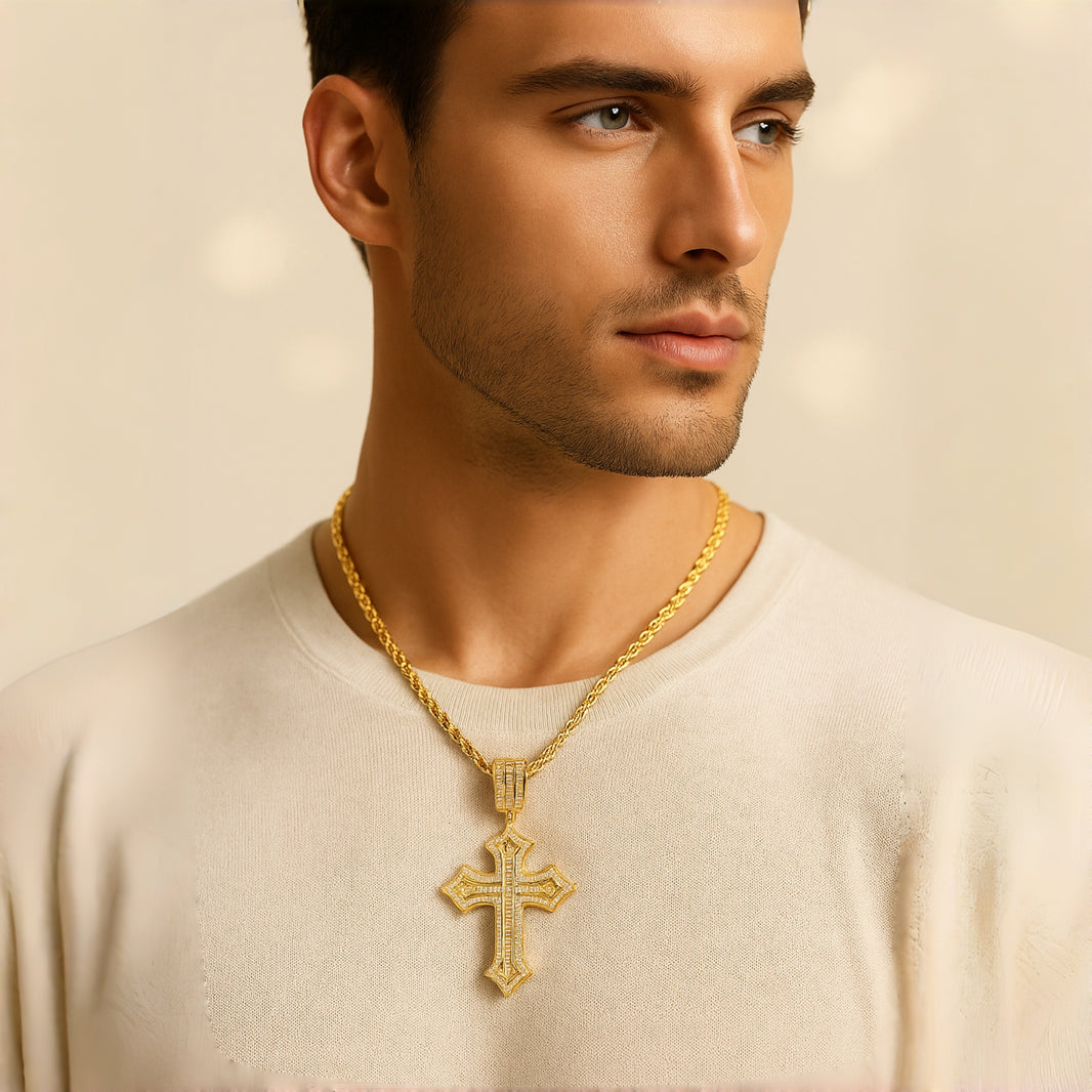 Iced Out Baguette Cross Pendant – 14K Gold Finish