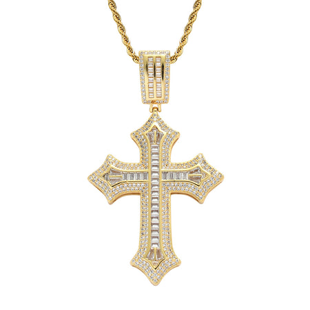 Iced Out Baguette Cross Pendant – 14K Gold Finish