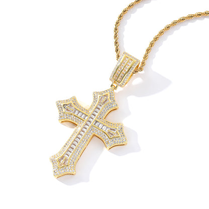 Iced Out Baguette Cross Pendant – 14K Gold Finish