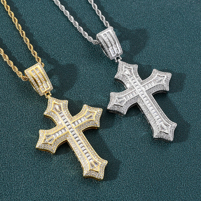 Iced Out Baguette Cross Pendant – 14K Gold Finish