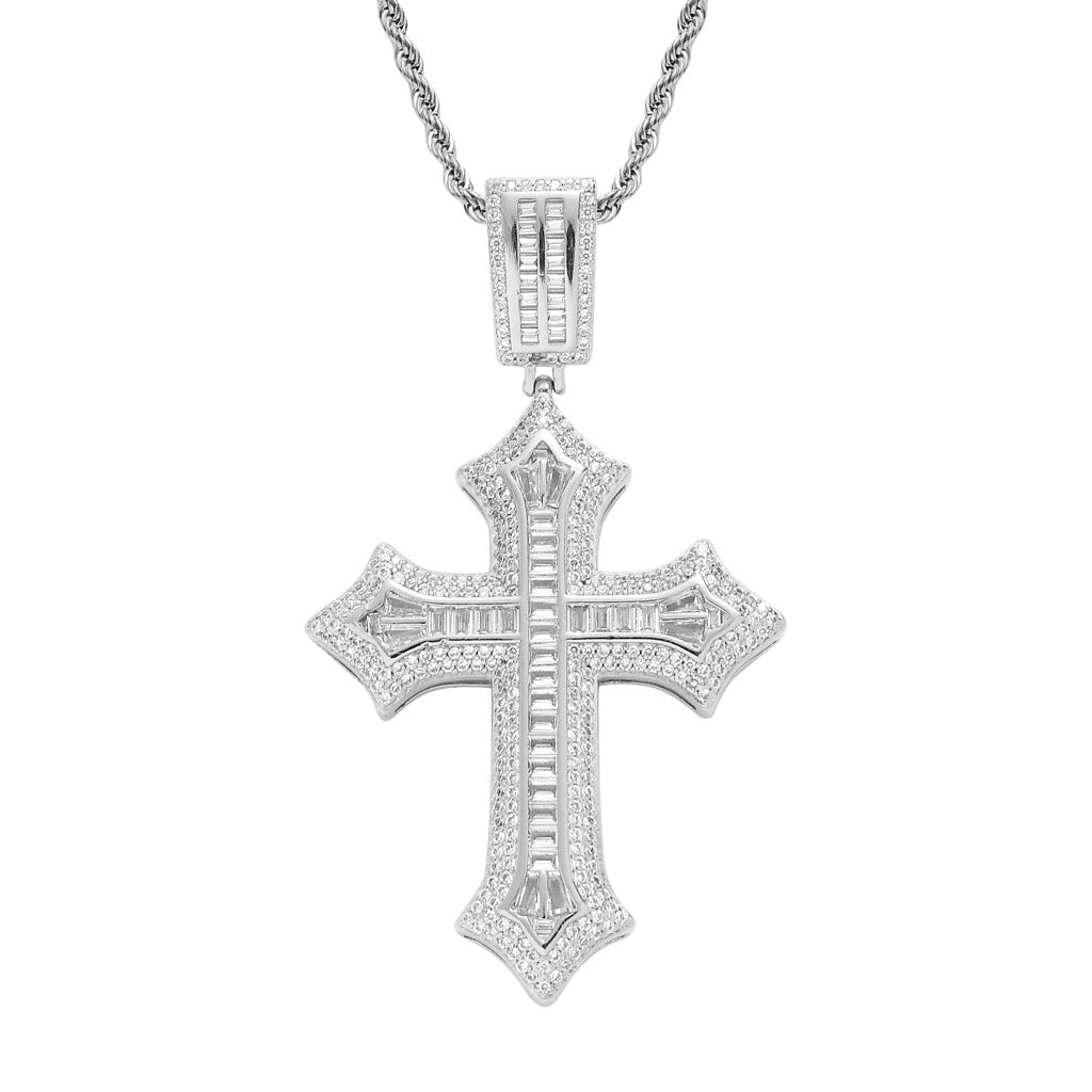 Iced Out Baguette Cross Pendant – Silver Finish
