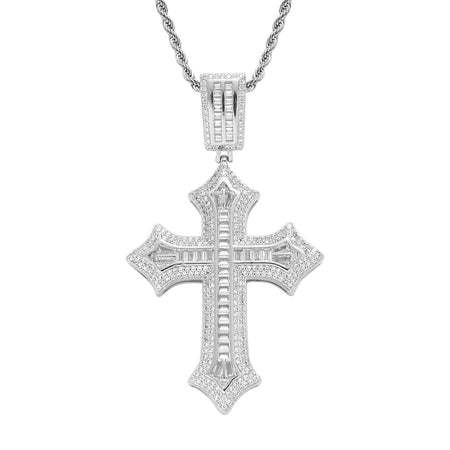 Iced Out Baguette Cross Pendant – Silver Finish