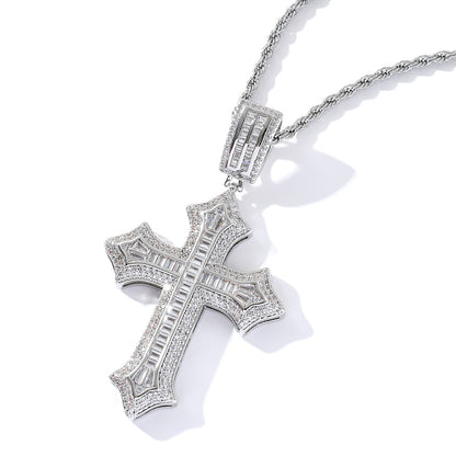 Iced Out Baguette Cross Pendant – Silver Finish