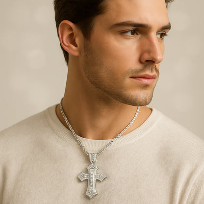 Iced Out Baguette Cross Pendant – Silver Finish