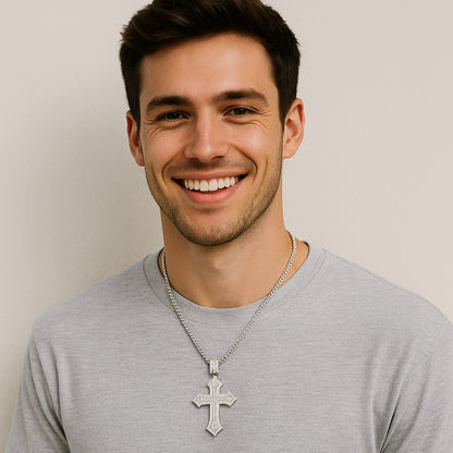 Iced Out Baguette Cross Pendant – Silver Finish