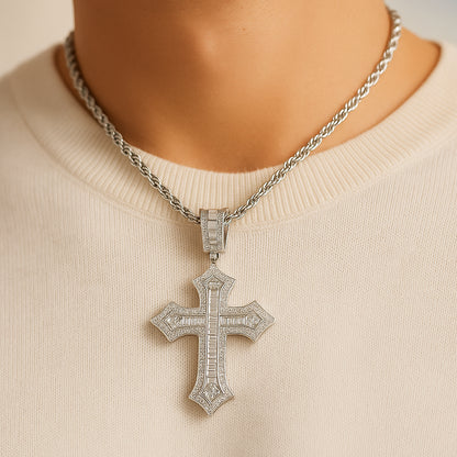Iced Out Baguette Cross Pendant – Silver Finish