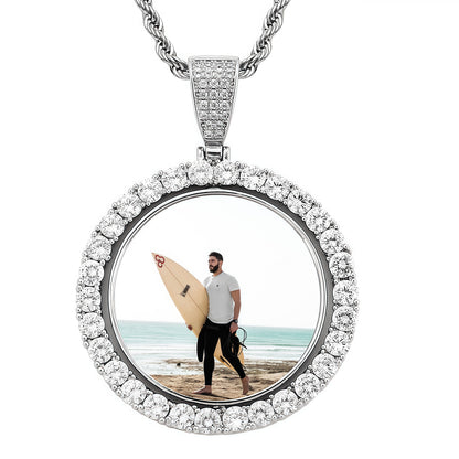 42mm Gold Plated Two-Sided Rotating Custom Photo Round Pendant with 5A CZ