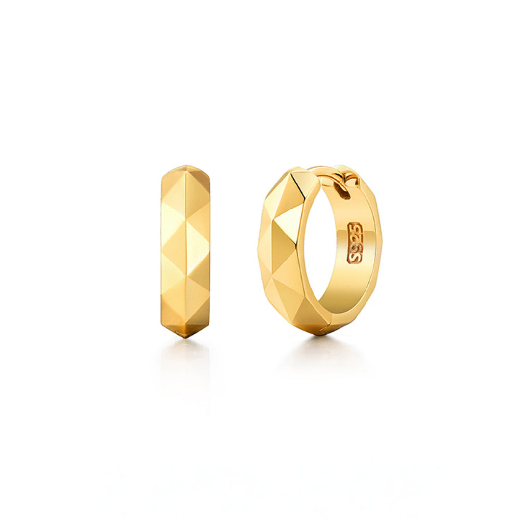 Sterling Silver Faceted Hoop Earrings – 14K Gold Finish