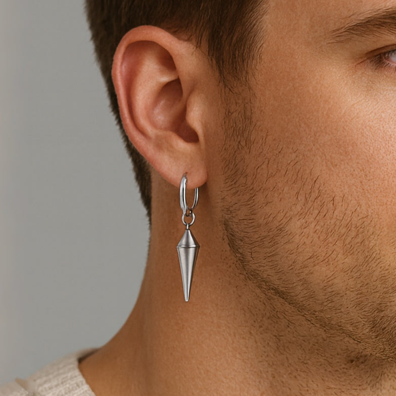 Sterling Silver Spiked Drop Hoop Earrings – Rhodium Finish