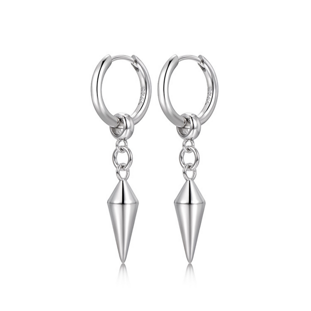 Sterling Silver Spiked Drop Hoop Earrings – Rhodium Finish
