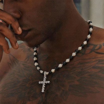 Pearl Tiger’s Eye Cross Pendant – Silver Finish