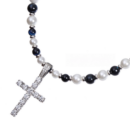 Pearl Tiger’s Eye Cross Pendant – Silver Finish